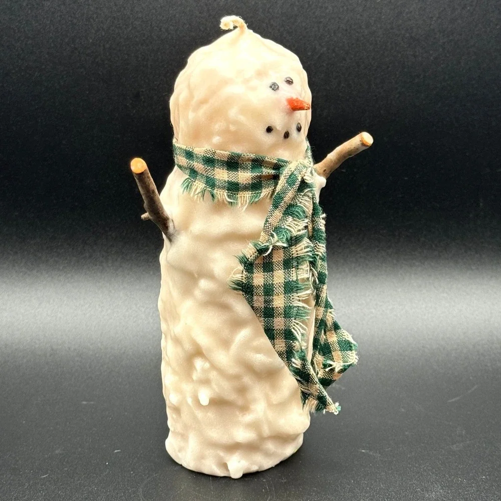 Rustic Snowman Pillar Candle Primitive Holiday Decor Plaid Scarf Stick Arms